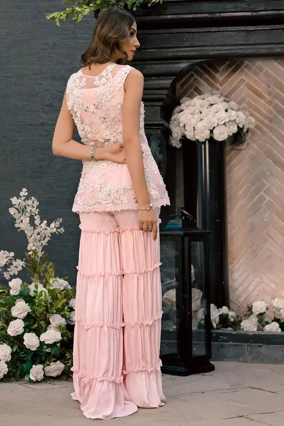 Powder Pink Embroidered Organza Peplum with Sharara (3-Piece) - Image 8