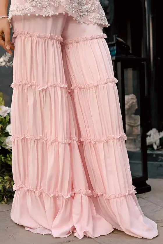 Powder Pink Embroidered Organza Peplum with Sharara (3-Piece) - Image 9