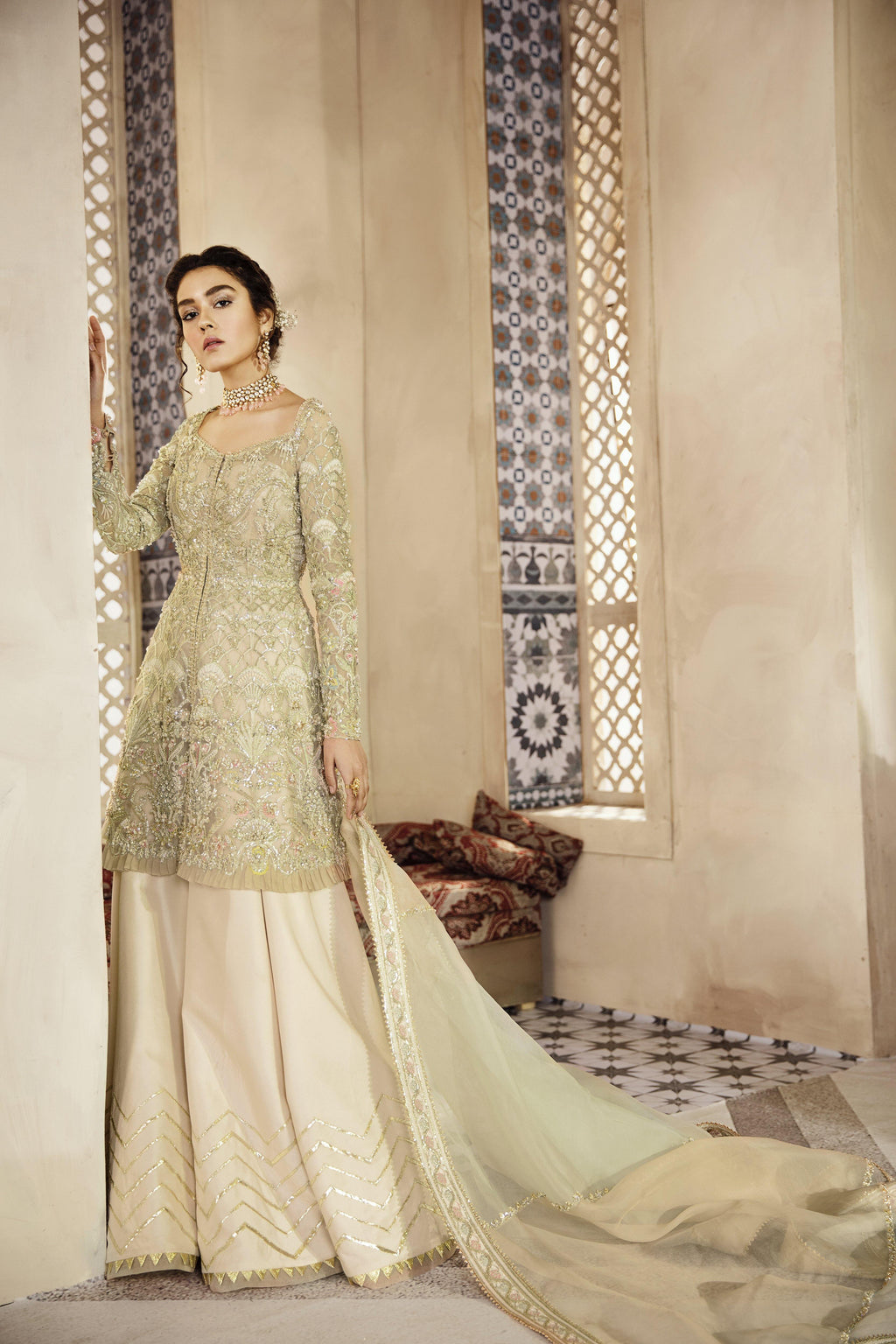 Nude Pink Handworked Peplum Jacket with Sharara (3-Piece) - Image 1