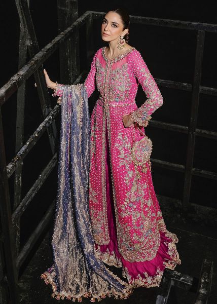 Fuchsia Hand-Embroidered Net Pishwas Dress (3-Piece) - Image 1