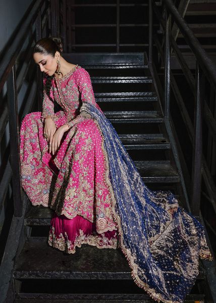 Fuchsia Hand-Embroidered Net Pishwas Dress (3-Piece) - Image 10