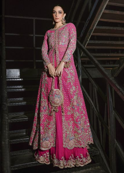Fuchsia Hand-Embroidered Net Pishwas Dress (3-Piece) - Image 2