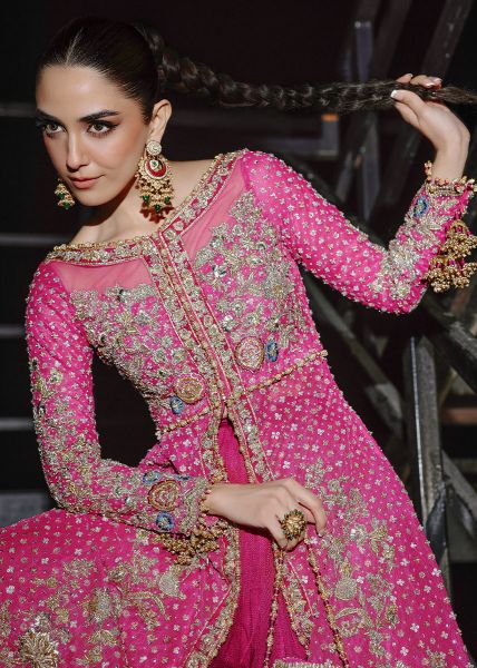 Fuchsia Hand-Embroidered Net Pishwas Dress (3-Piece) - Image 3