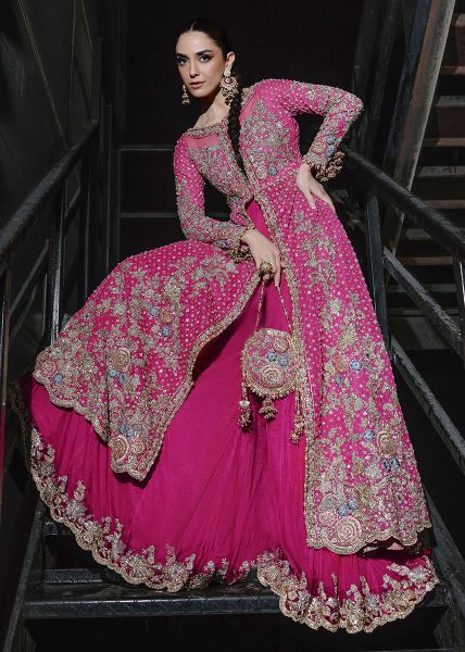 Fuchsia Hand-Embroidered Net Pishwas Dress (3-Piece) - Image 4