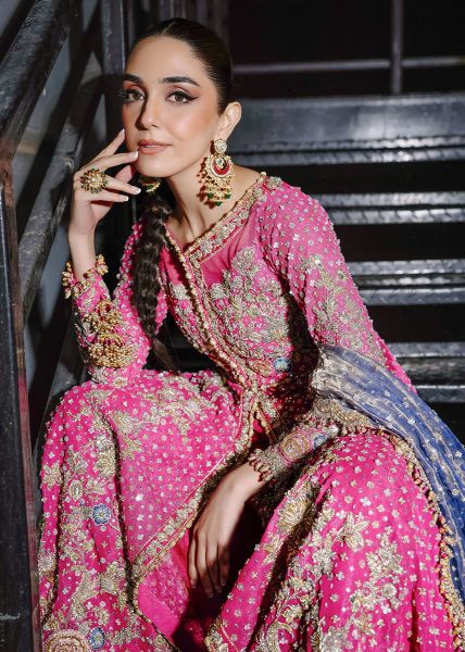 Fuchsia Hand-Embroidered Net Pishwas Dress (3-Piece) - Image 5