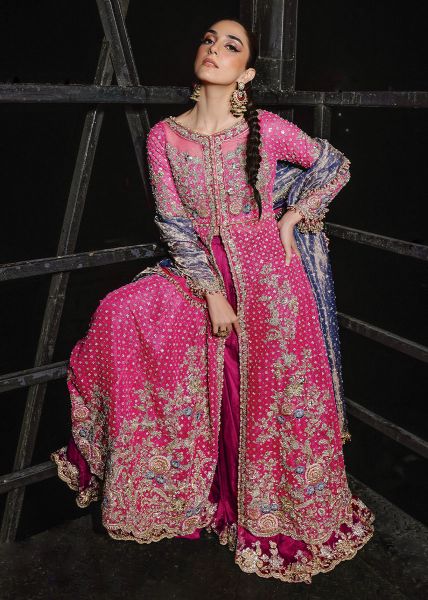 Fuchsia Hand-Embroidered Net Pishwas Dress (3-Piece) - Image 9