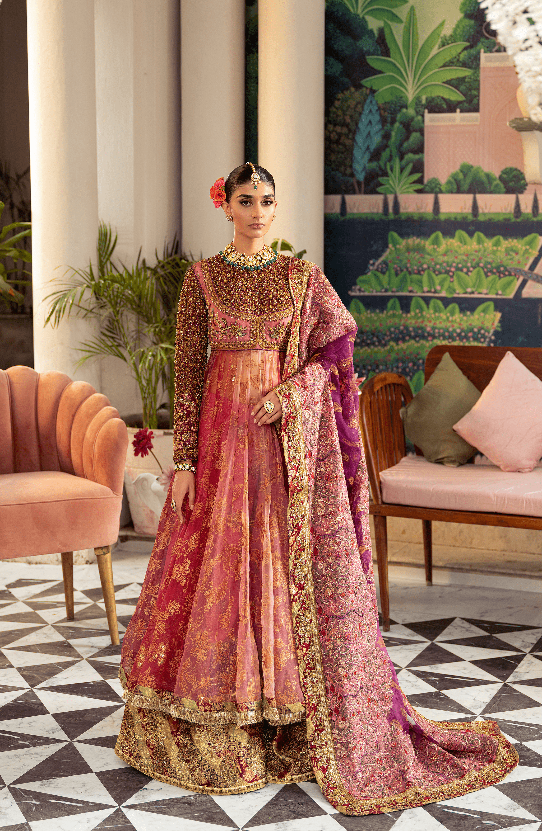 Pakistani Watermelon Pink Embroidered Organza Pishwas Dress (3-Piece) - Image 2