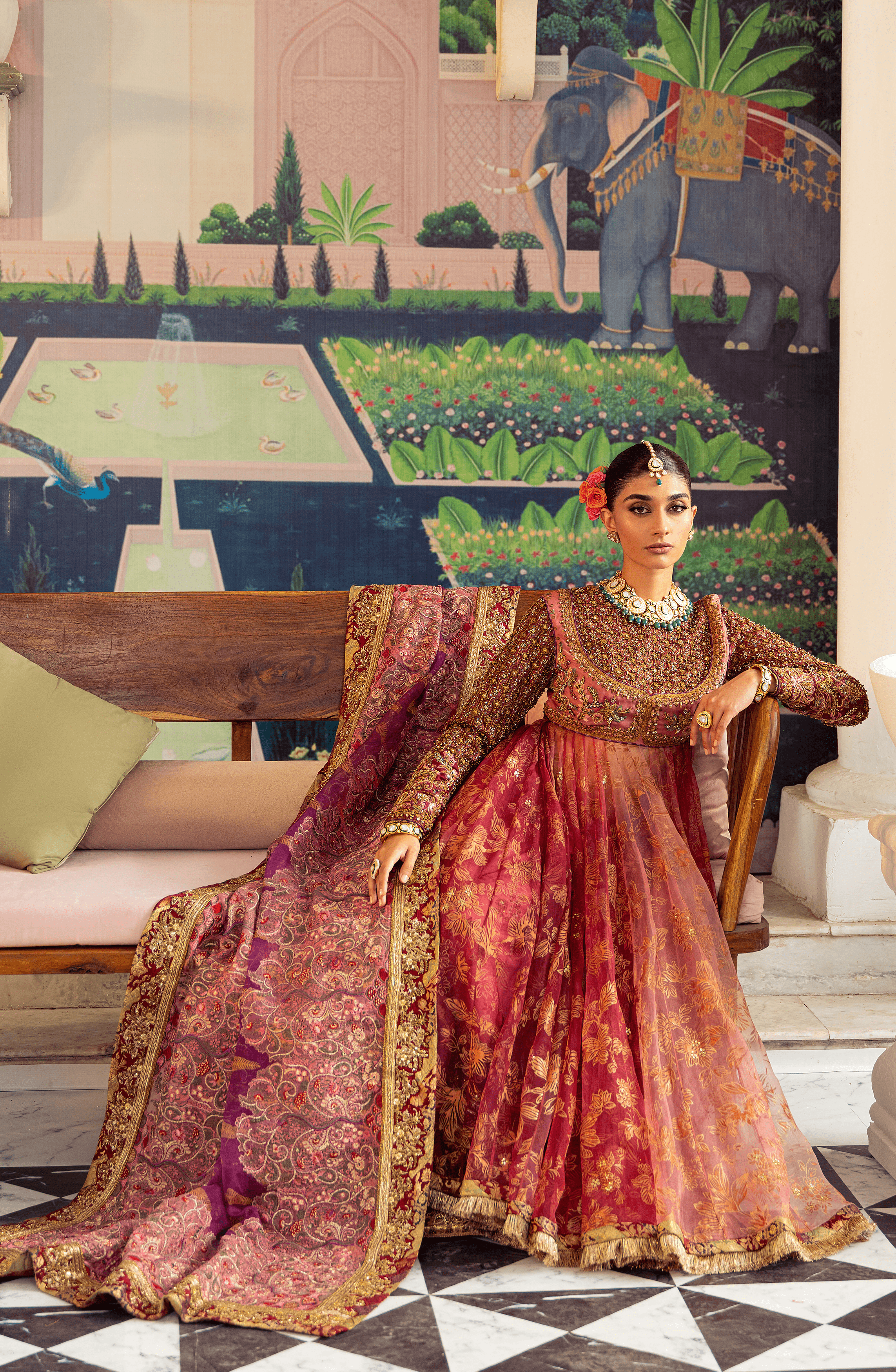 Pakistani Watermelon Pink Embroidered Organza Pishwas Dress (3-Piece) - Image 4