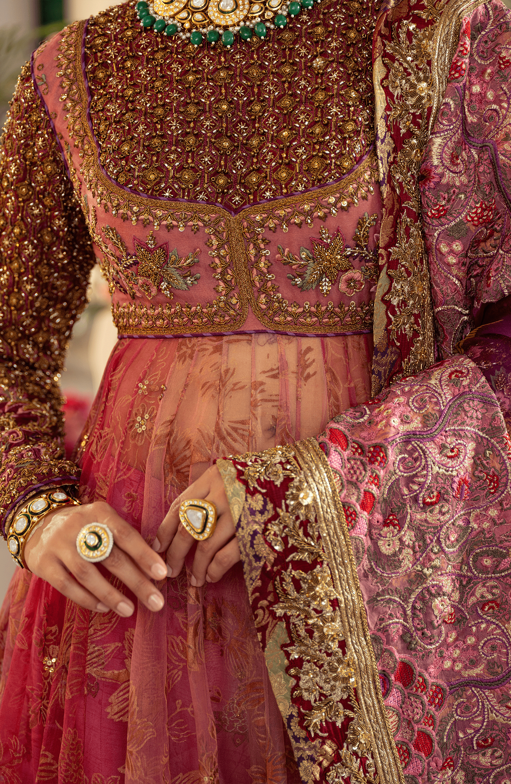 Pakistani Watermelon Pink Embroidered Organza Pishwas Dress (3-Piece) - Image 6