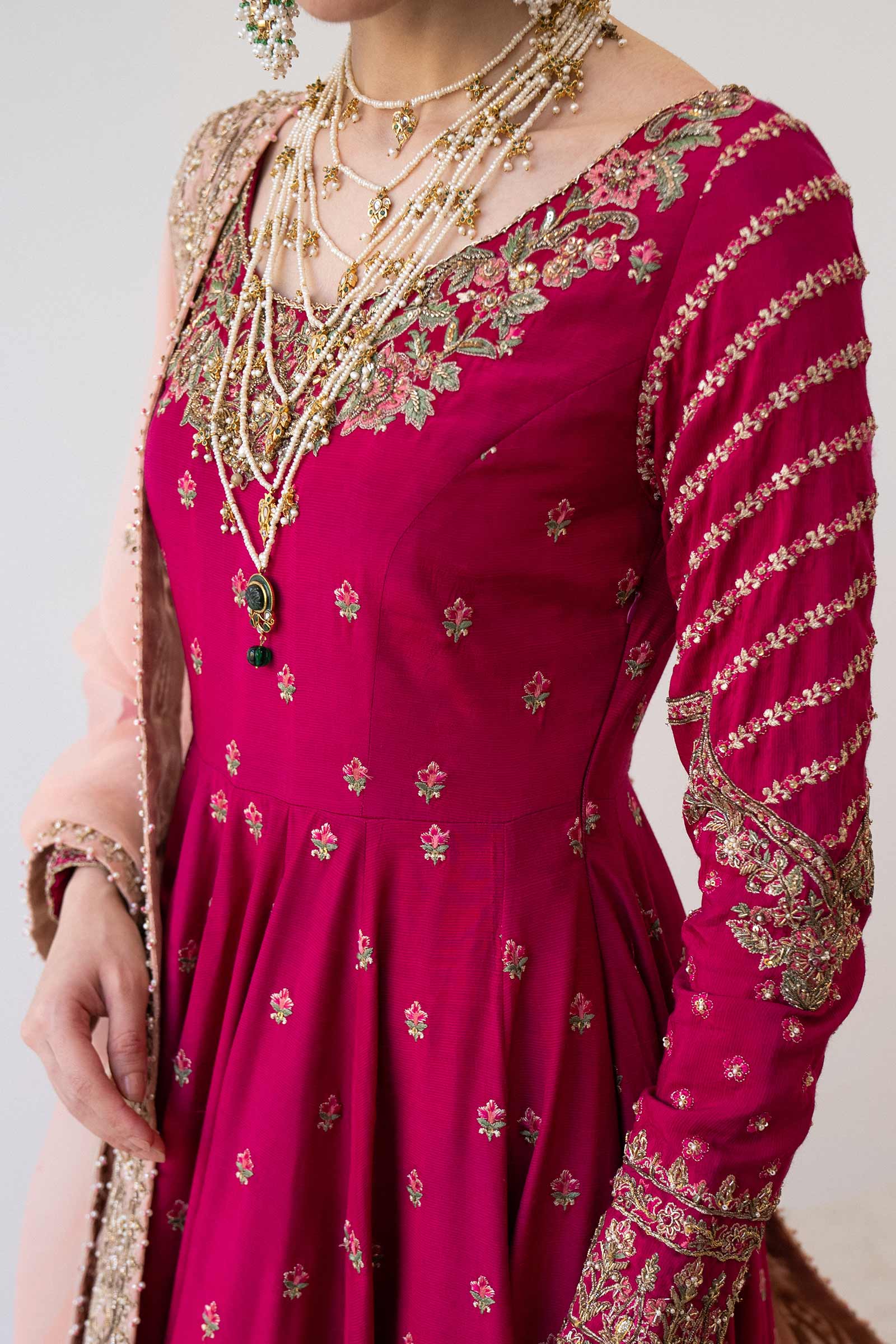 Pakistani Deep Pink Embroidered Bamber Raw Silk Pishwas (3-Piece) - Image 2