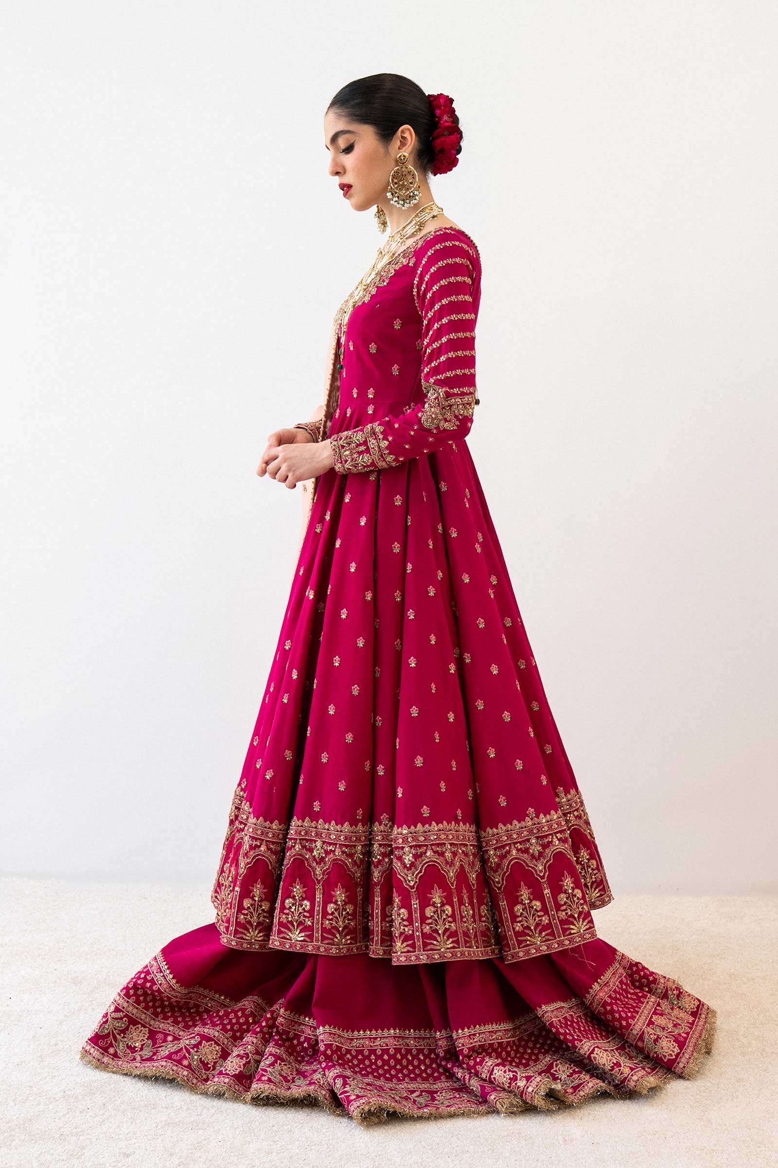 Pakistani Deep Pink Embroidered Bamber Raw Silk Pishwas (3-Piece) - Image 3