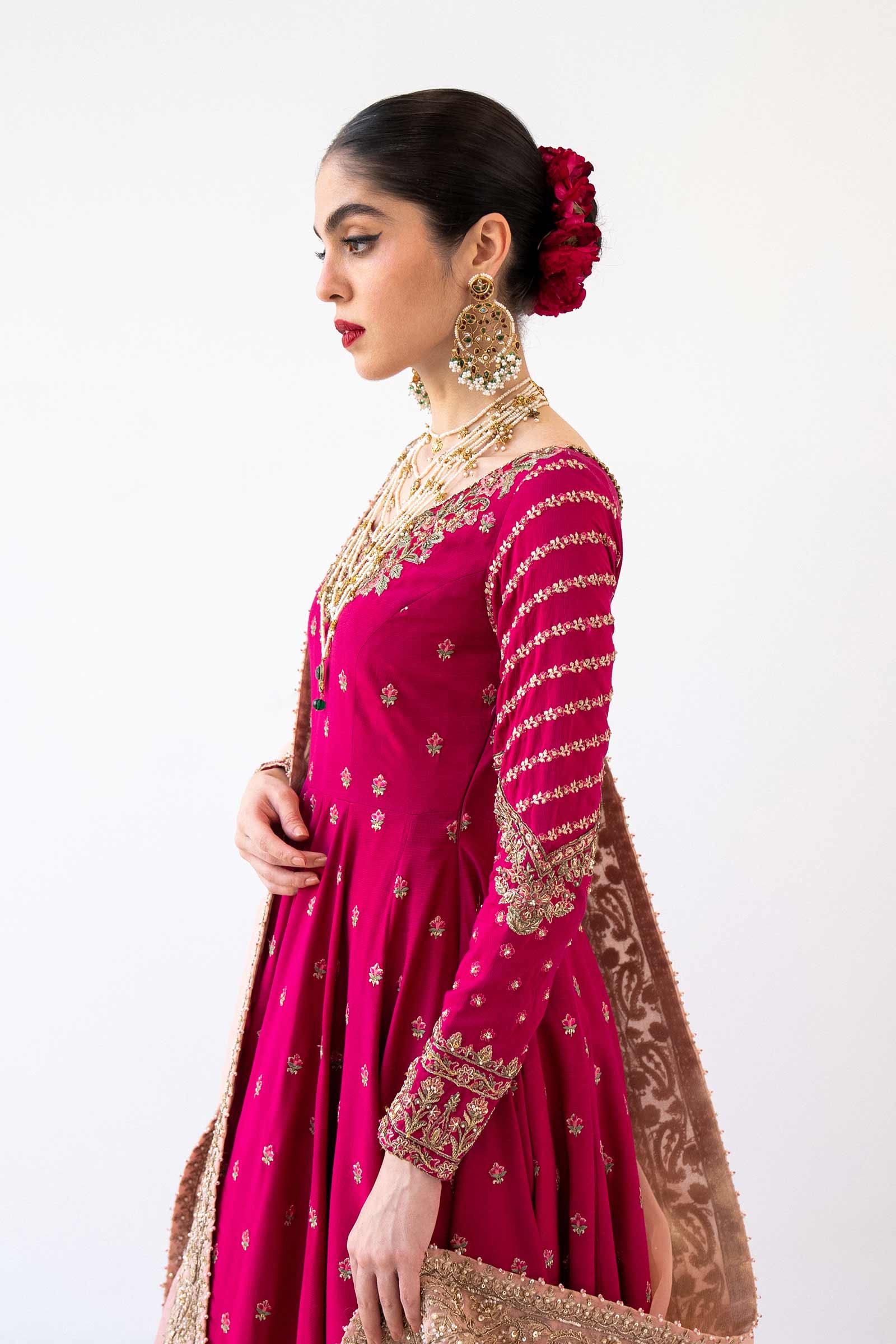 Pakistani Deep Pink Embroidered Bamber Raw Silk Pishwas (3-Piece) - Image 4