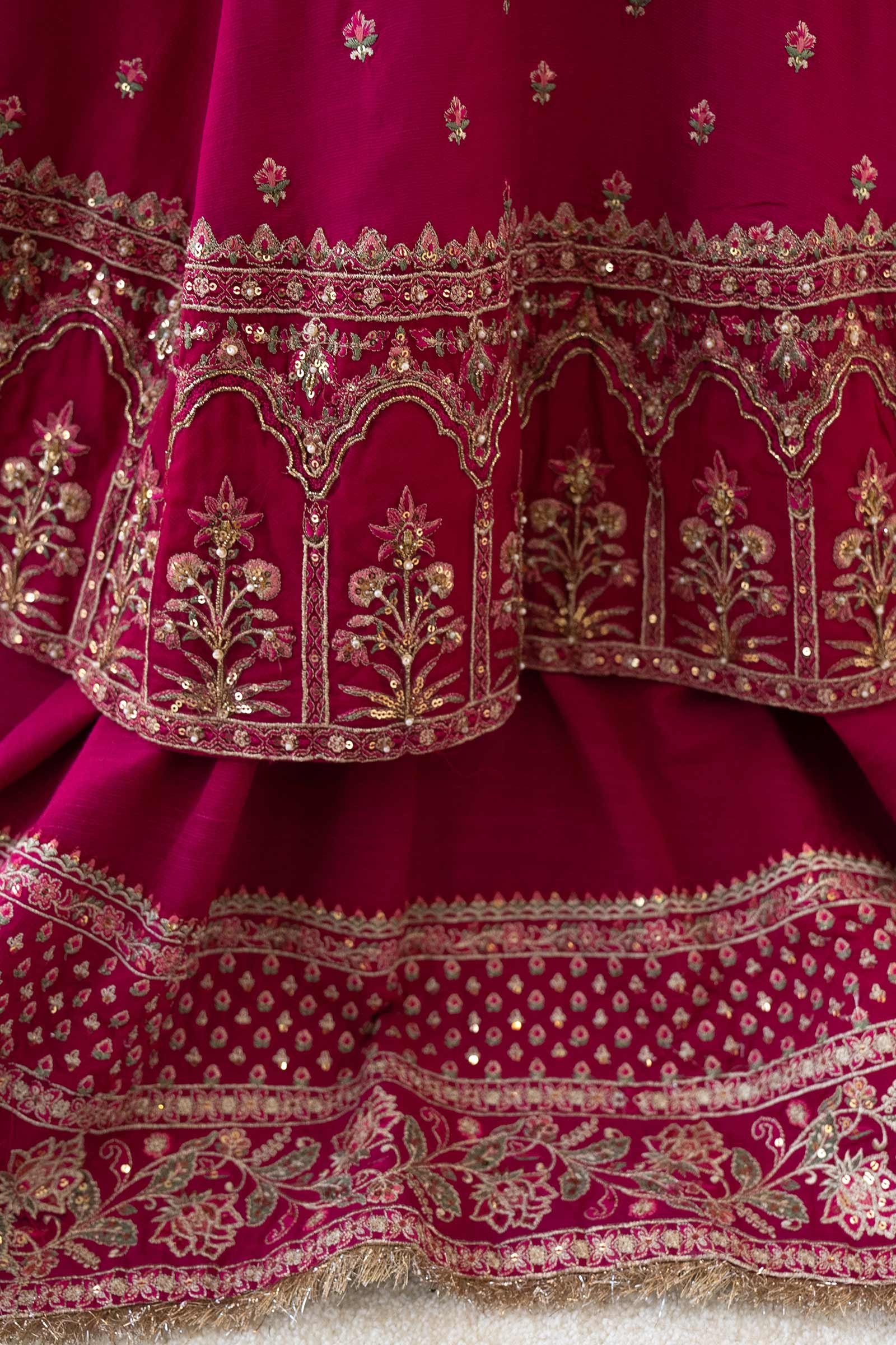 Pakistani Deep Pink Embroidered Bamber Raw Silk Pishwas (3-Piece) - Image 5