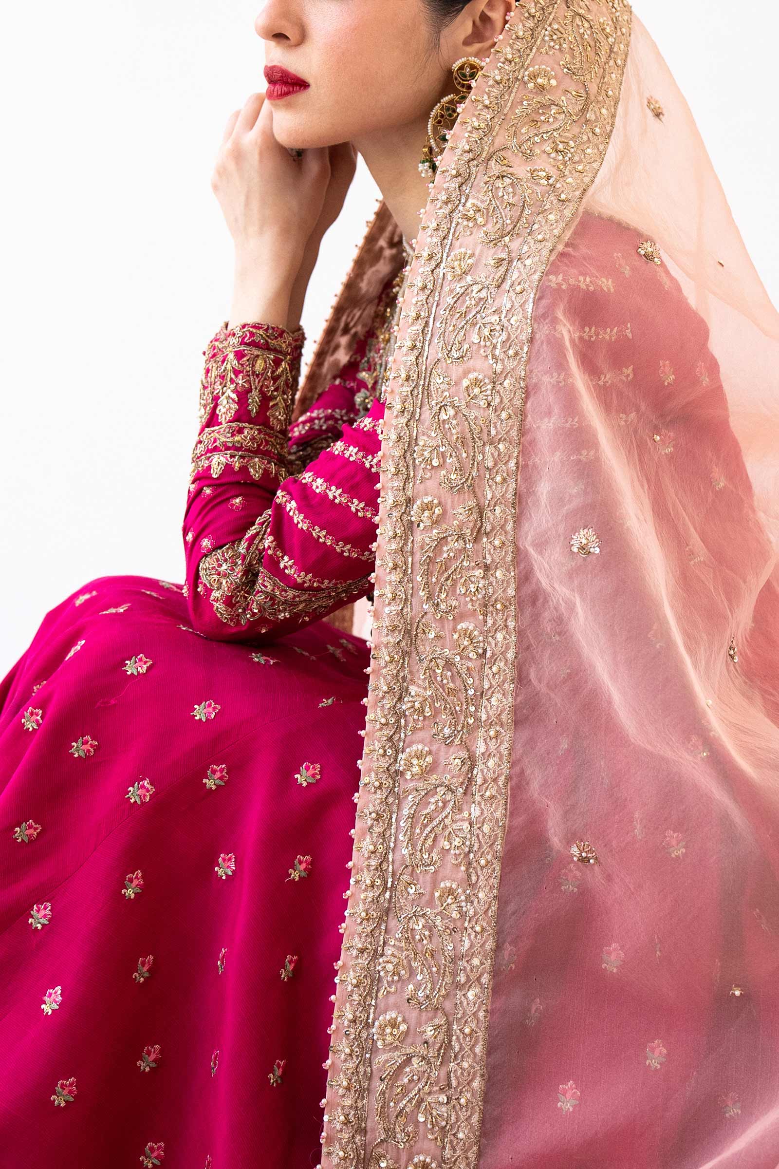 Pakistani Deep Pink Embroidered Bamber Raw Silk Pishwas (3-Piece) - Image 6