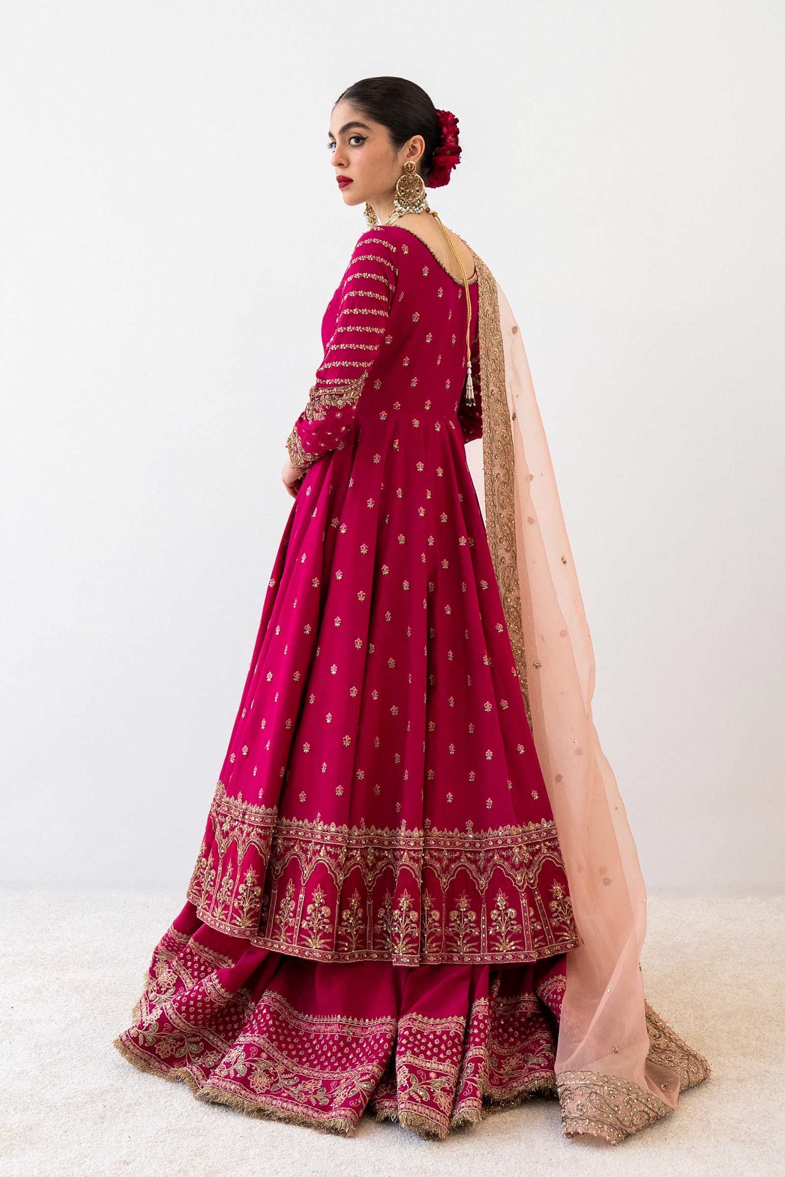 Pakistani Deep Pink Embroidered Bamber Raw Silk Pishwas (3-Piece) - Image 7