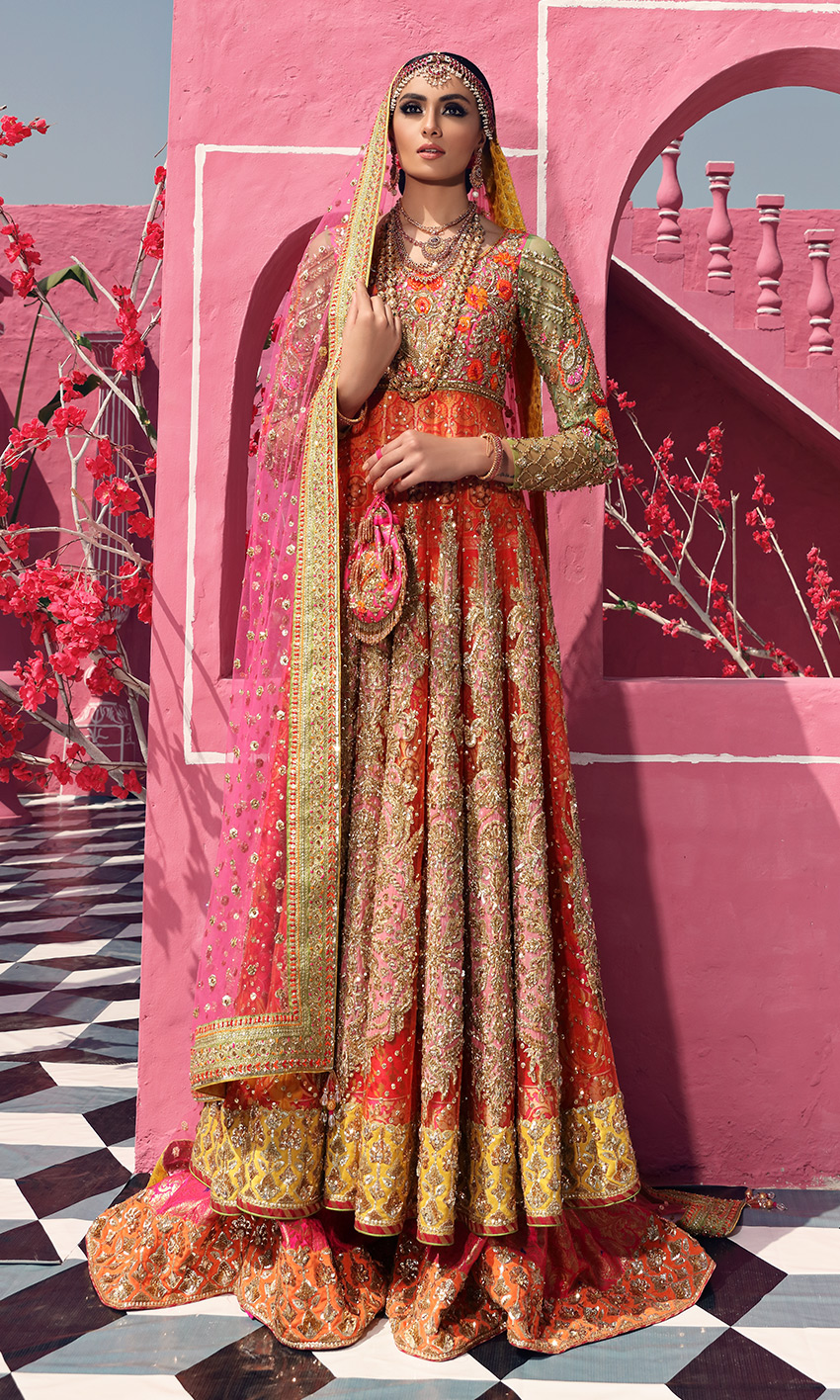 Pink Orange Embroidered Silk Pishwas Dress (3-Piece) - Image 1
