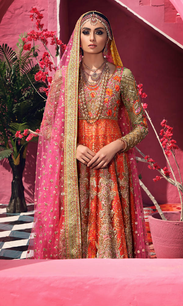 Pink Orange Embroidered Silk Pishwas Dress (3-Piece) - Image 4