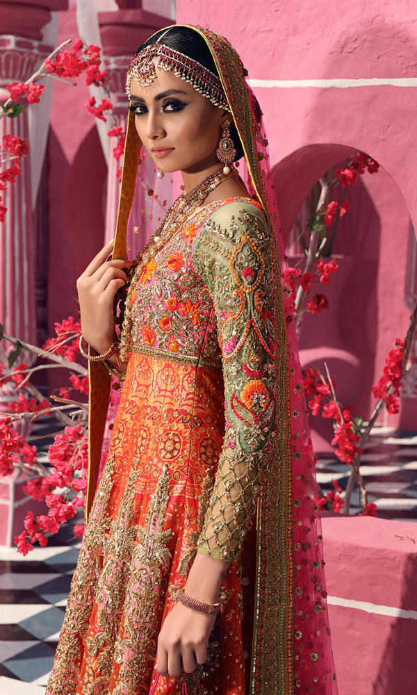 Pink Orange Embroidered Silk Pishwas Dress (3-Piece) - Image 5