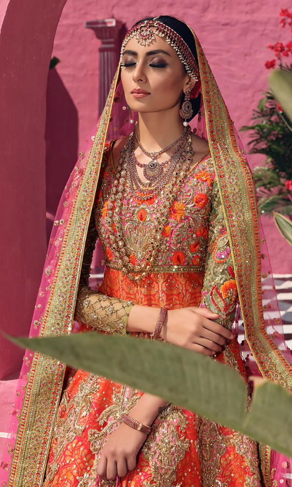 Pink Orange Embroidered Silk Pishwas Dress (3-Piece) - Image 6