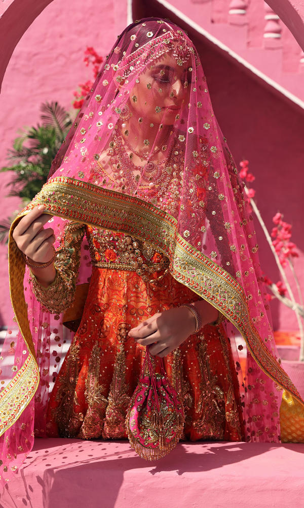 Pink Orange Embroidered Silk Pishwas Dress (3-Piece) - Image 7