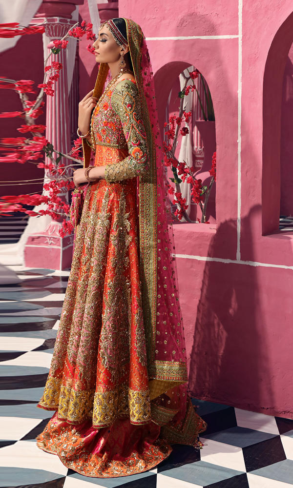 Pink Orange Embroidered Silk Pishwas Dress (3-Piece) - Image 8