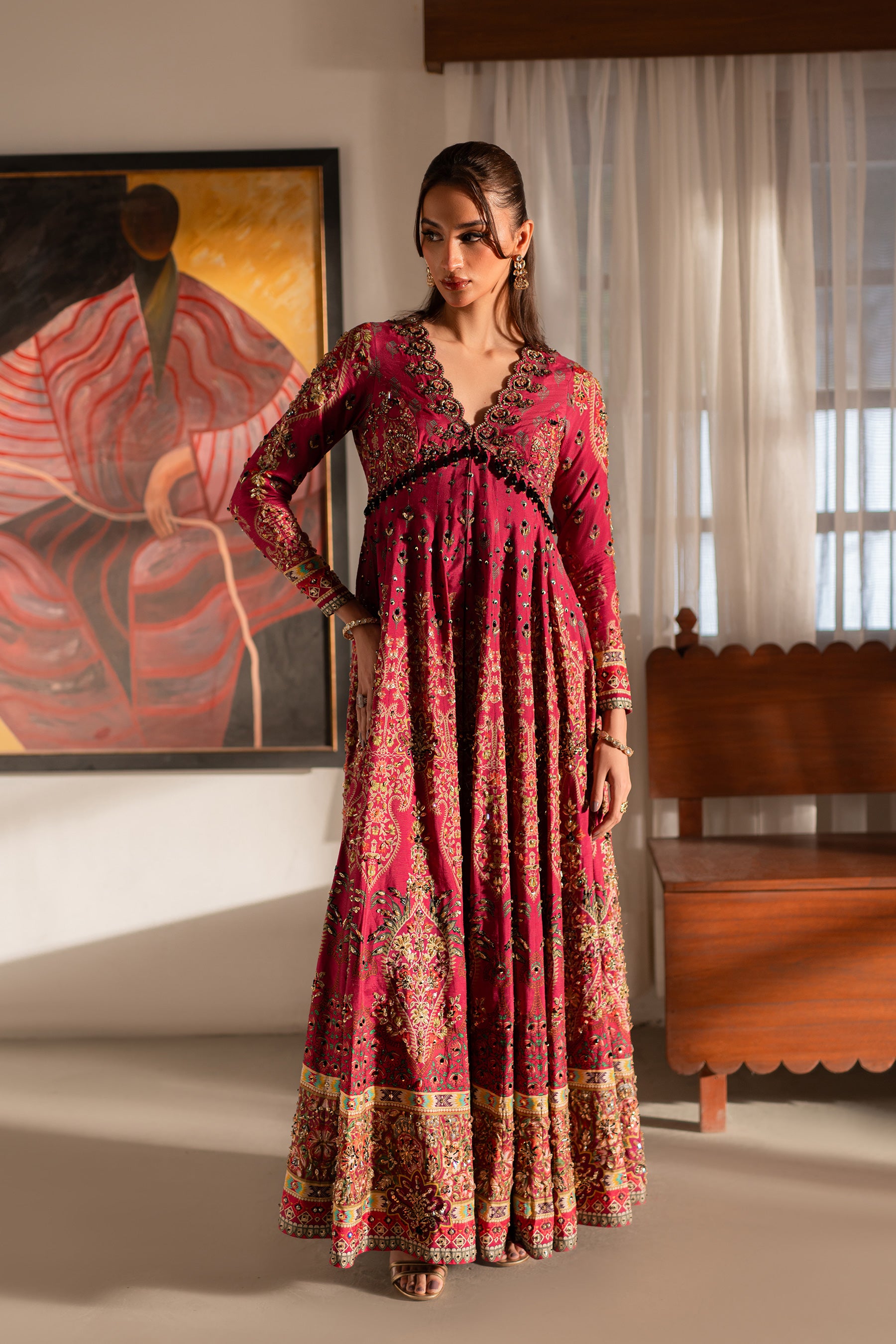 Fuchsia Embroidered Blended Silk Pishwas (3-Piece) - Image 1