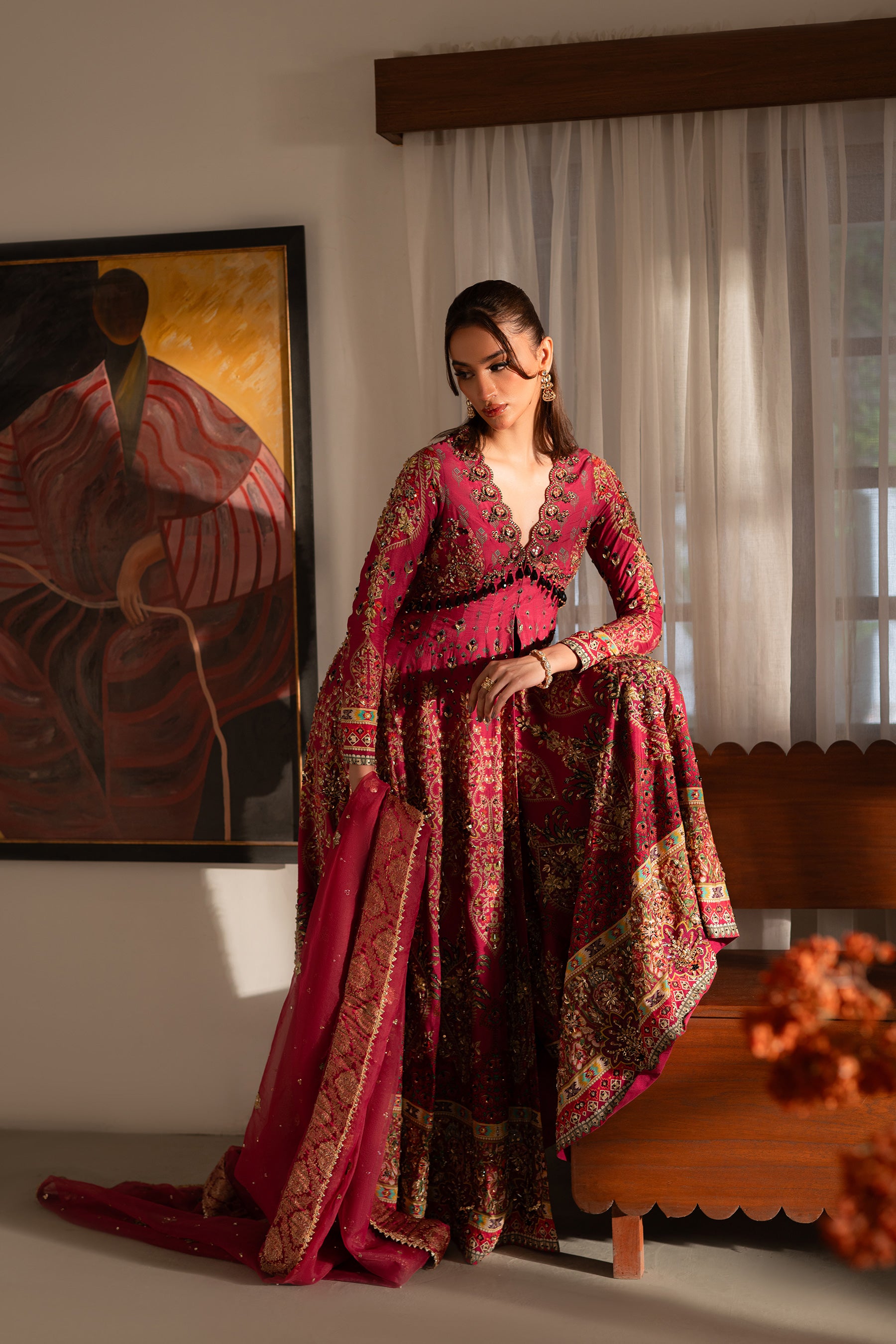 Fuchsia Embroidered Blended Silk Pishwas (3-Piece) - Image 4