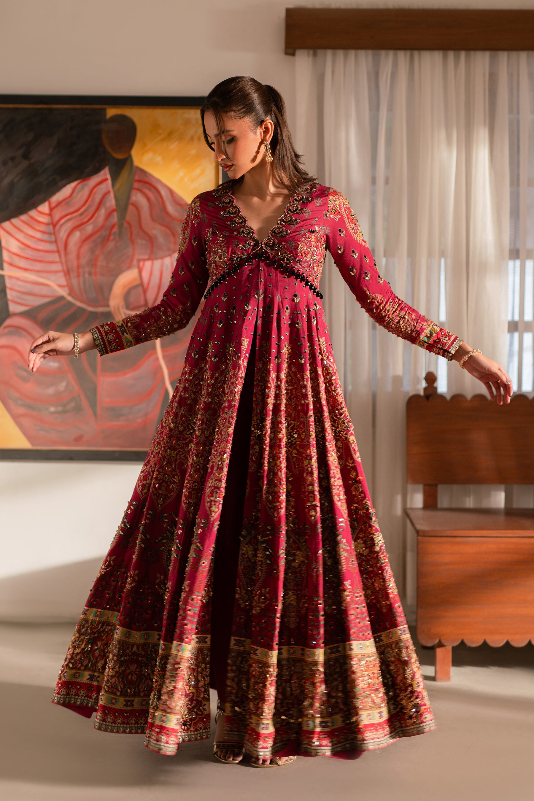 Pakistani Fuchsia Embroidered Blended Silk Kalidar Pishwas (3-Piece) - Image 2