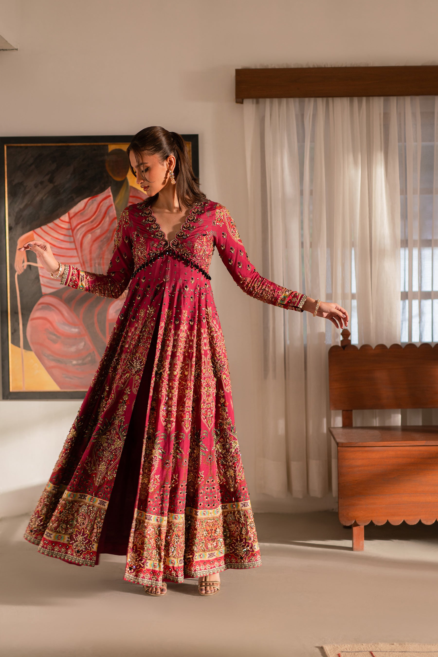 Pakistani Fuchsia Embroidered Blended Silk Kalidar Pishwas (3-Piece) - Image 5