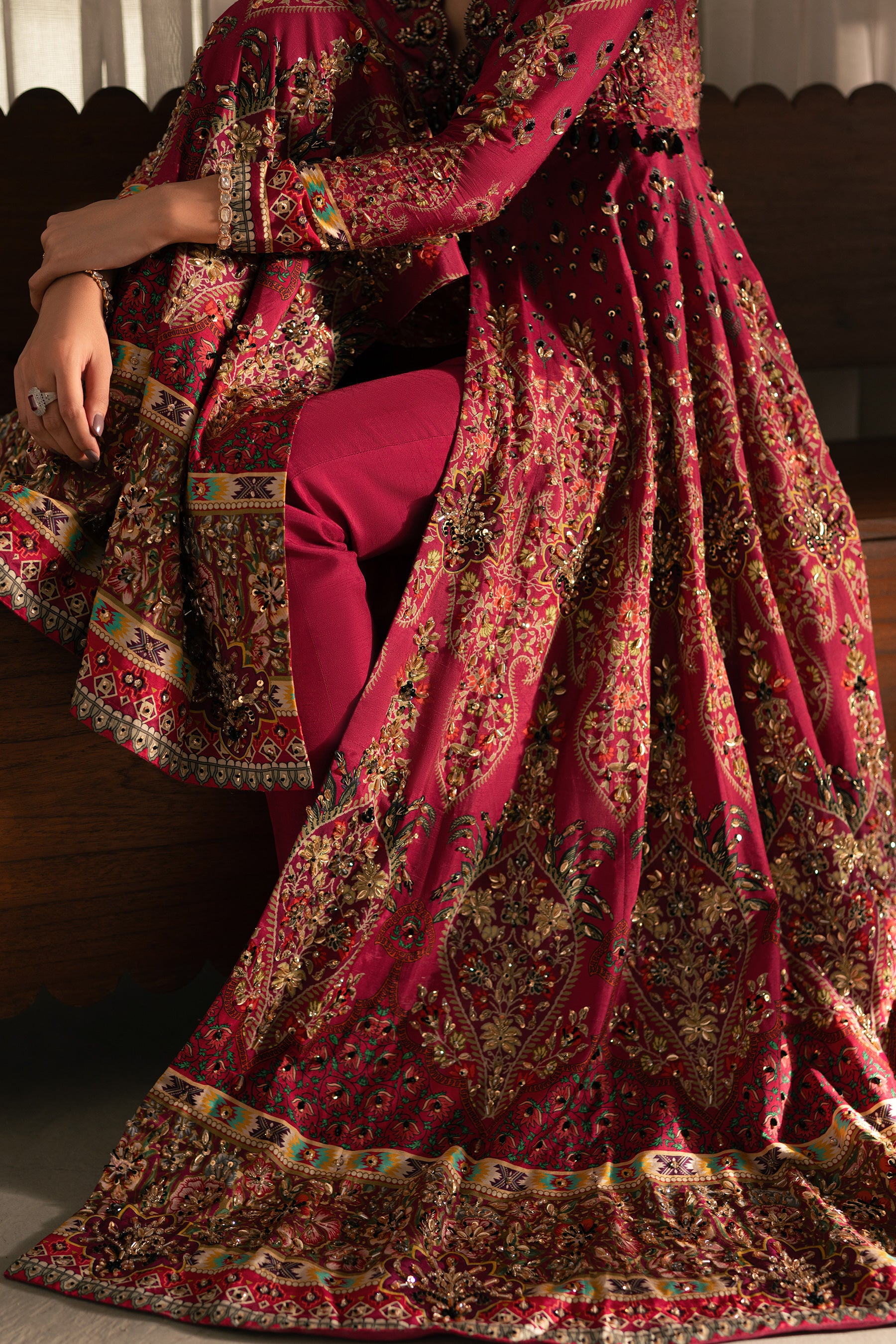 Pakistani Fuchsia Embroidered Blended Silk Kalidar Pishwas (3-Piece) - Image 6
