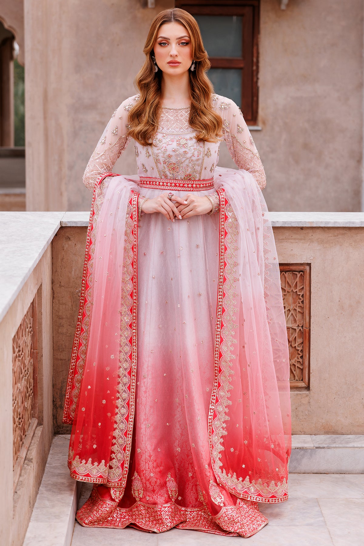 Pink to Red Ombre Embroidered Brocade Pishwas (2-Piece) - Image 1