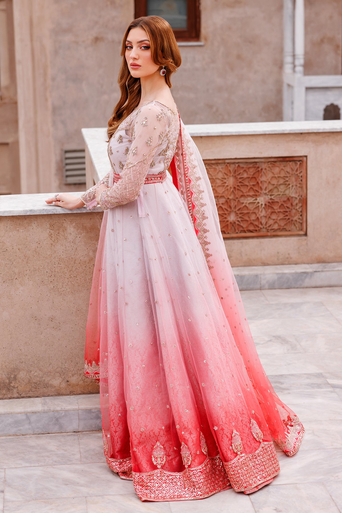 Pink to Red Ombre Embroidered Brocade Pishwas (2-Piece) - Image 2