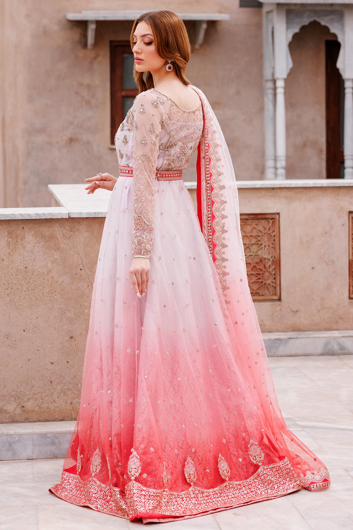 Pink to Red Ombre Embroidered Brocade Pishwas (2-Piece) - Image 4