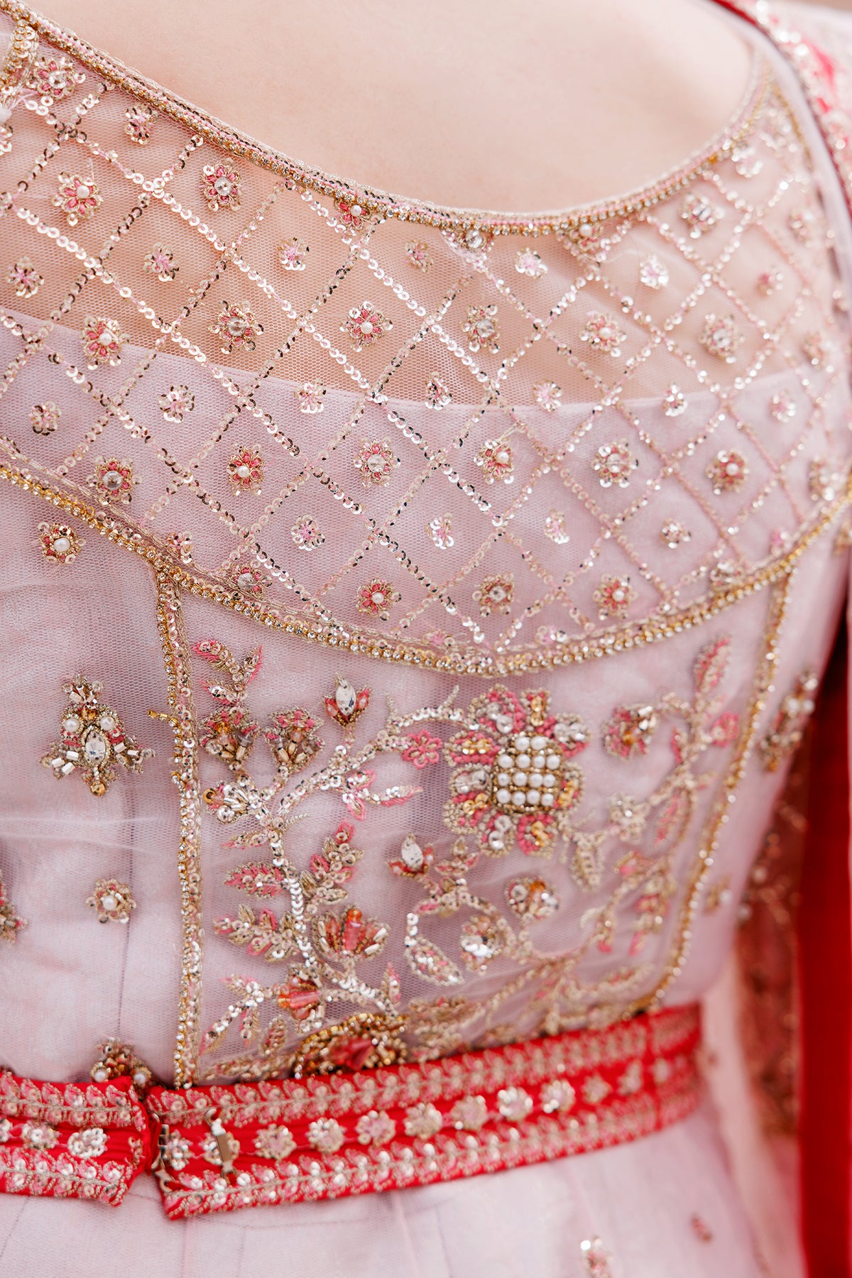 Pink to Red Ombre Embroidered Brocade Pishwas (2-Piece) - Image 5