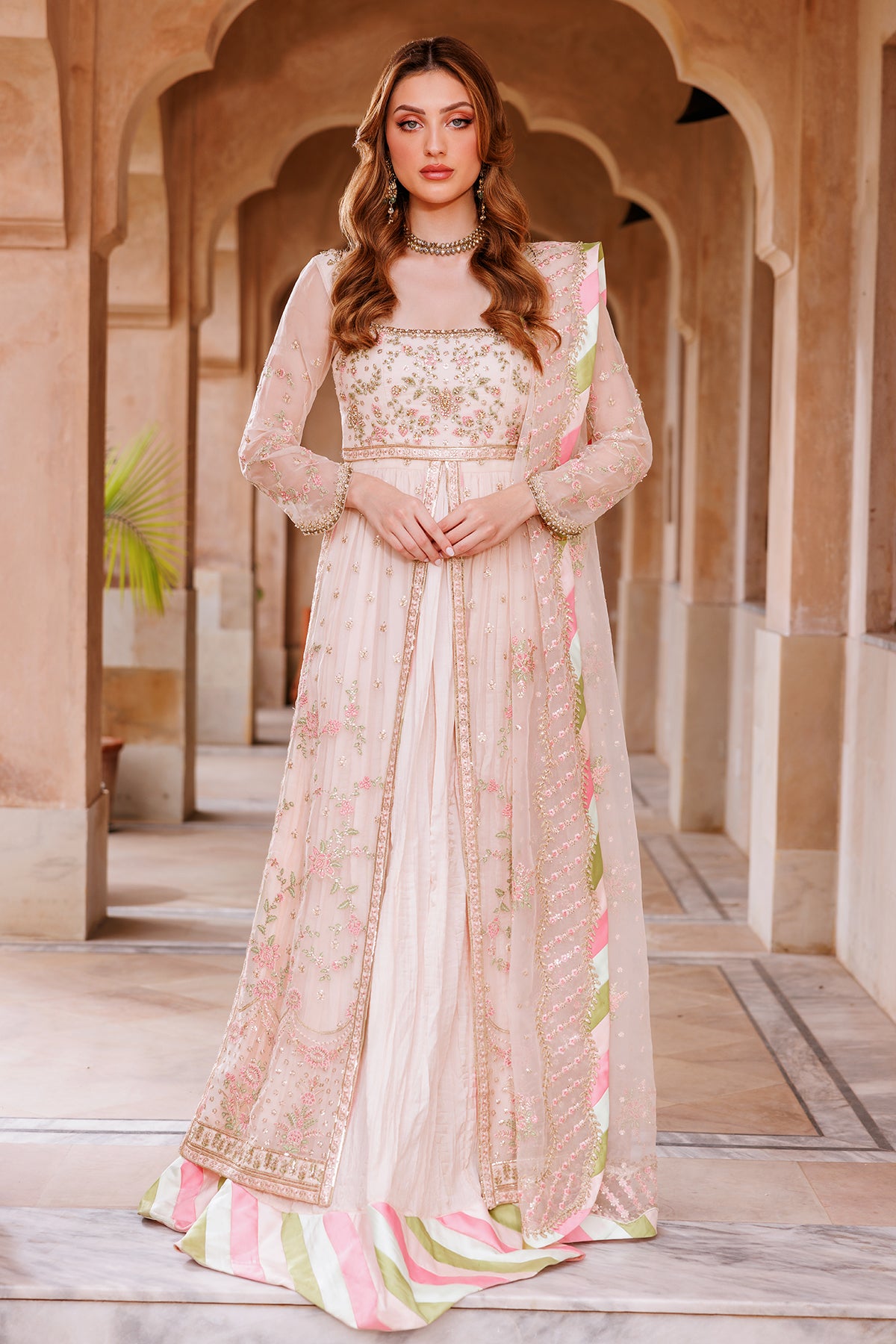 Blush Embroidered Charmeuse Silk Pishwas (2-Piece) - Image 1