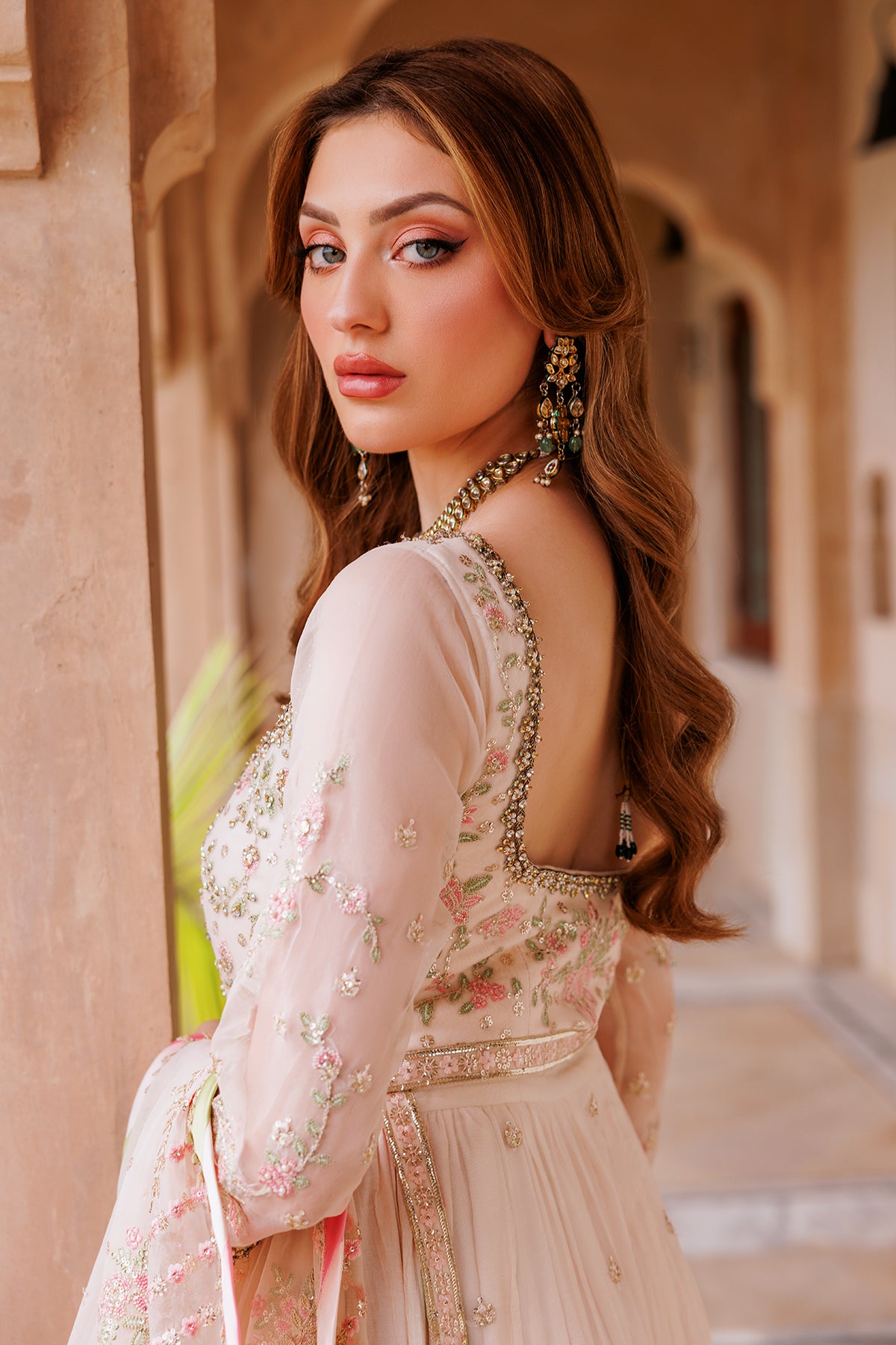 Blush Embroidered Charmeuse Silk Pishwas (2-Piece) - Image 3