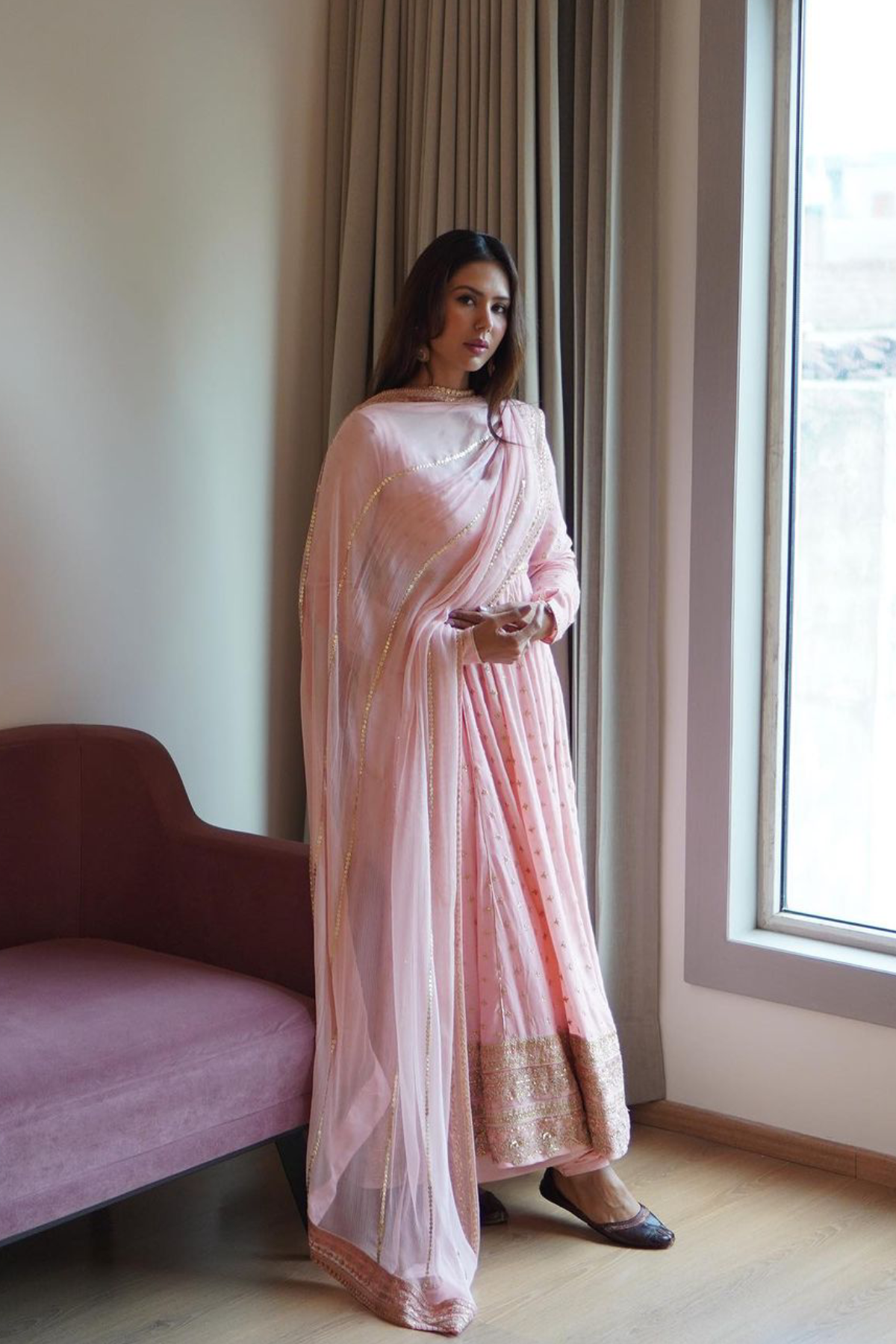 Blush Pink Embroidered Chiffon-Georgette Pishwas (2-Piece) - Image 1