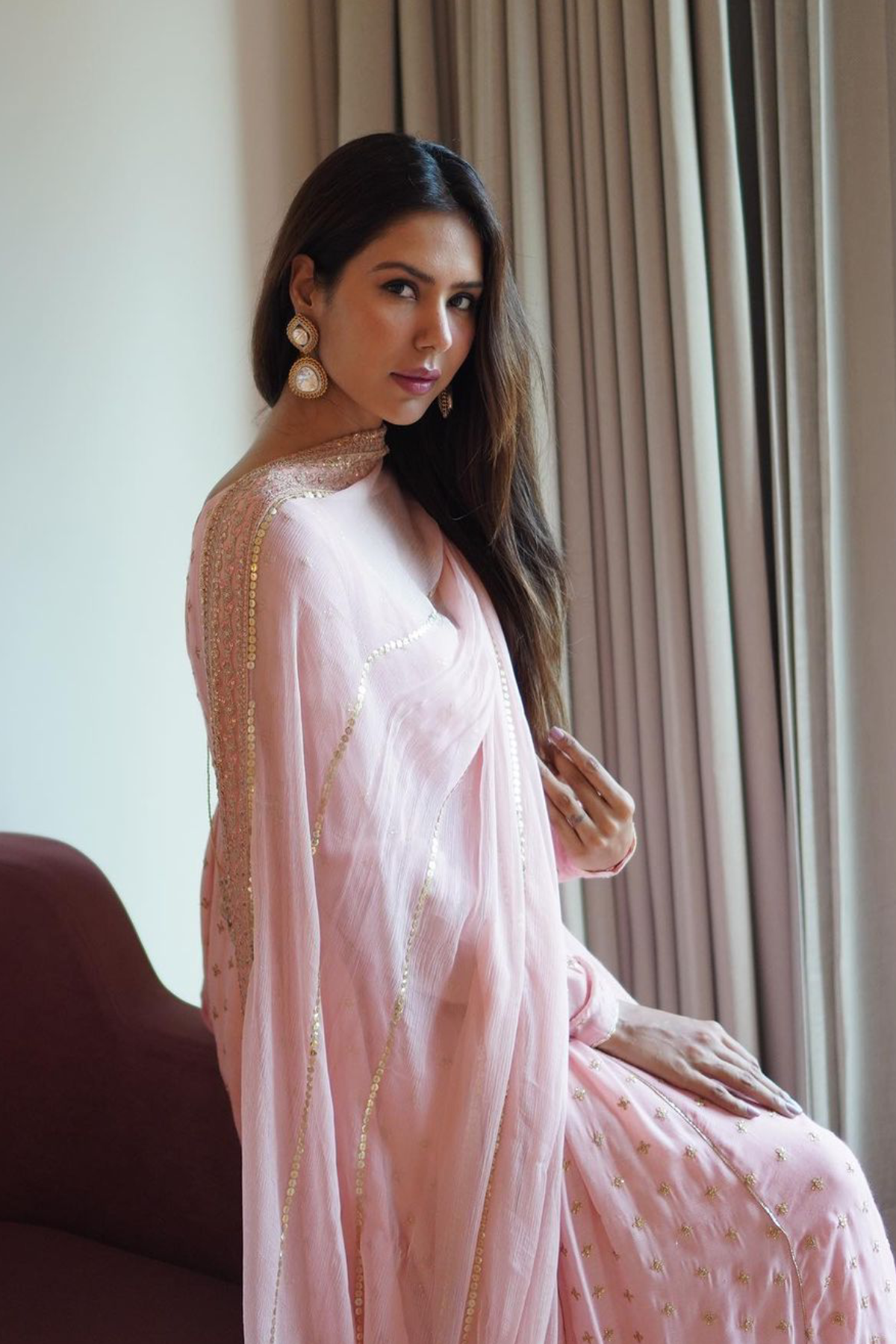 Blush Pink Embroidered Chiffon-Georgette Pishwas (2-Piece) - Image 2