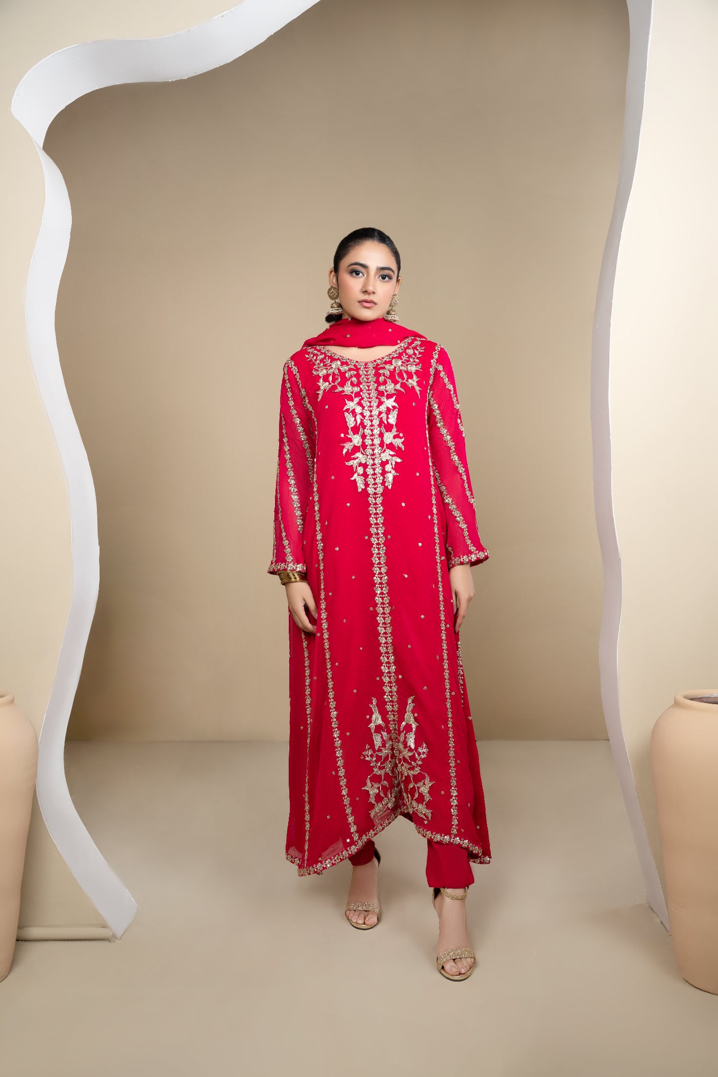 Pink Embroidered Chiffon Pishwas Dress (3-Piece) - Image 1