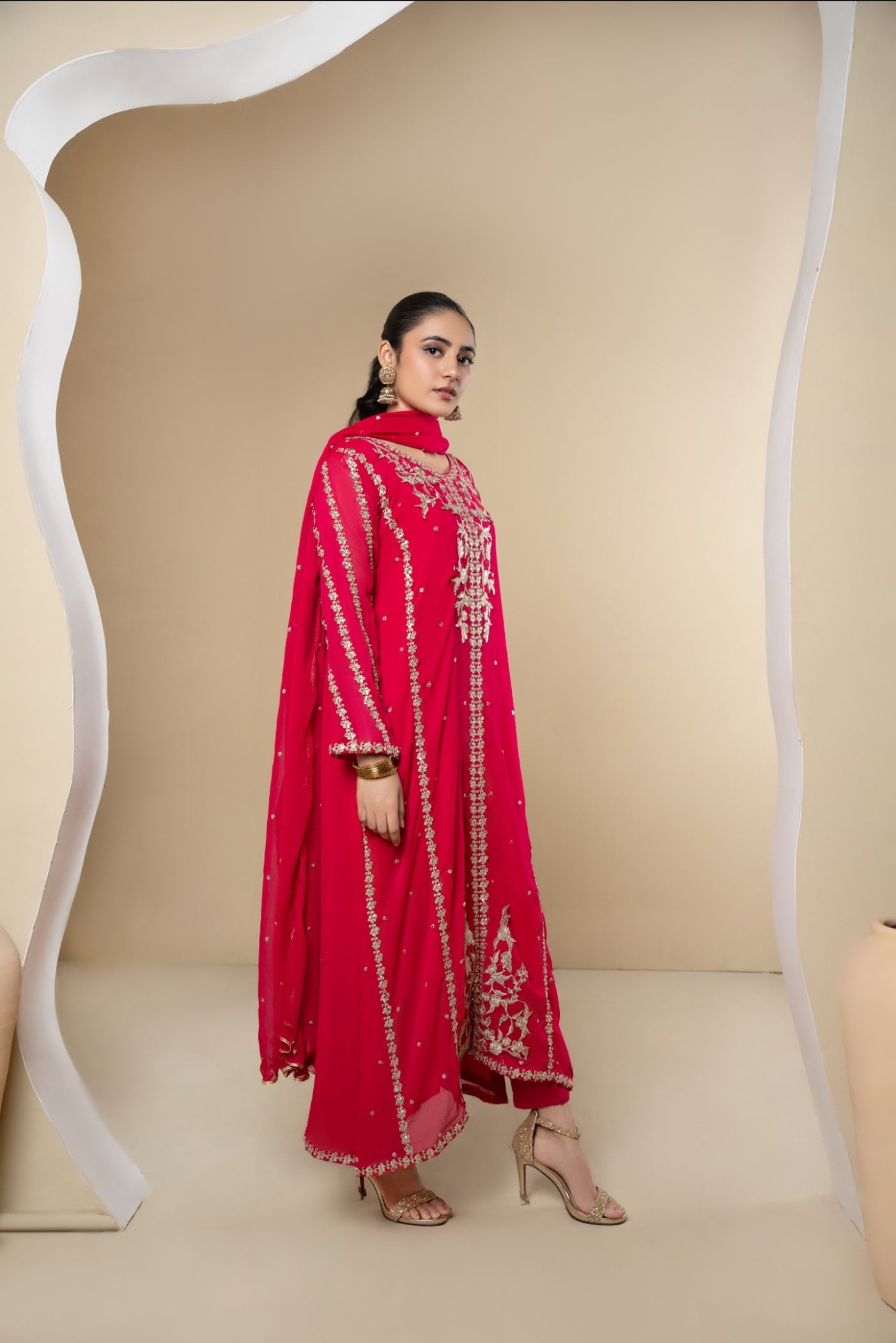 Pink Embroidered Chiffon Pishwas Dress (3-Piece) - Image 2