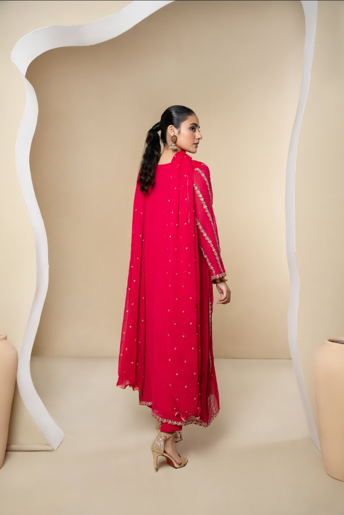 Pink Embroidered Chiffon Pishwas Dress (3-Piece) - Image 3