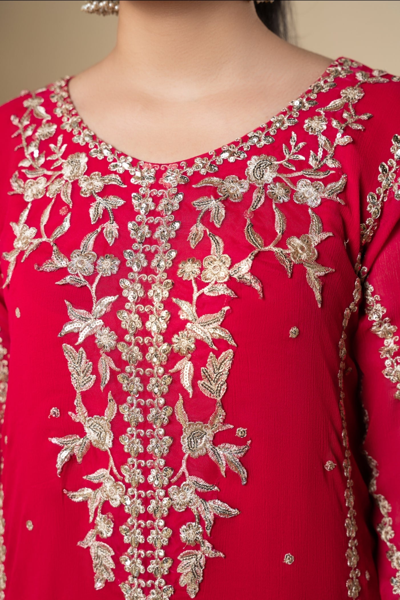 Pink Embroidered Chiffon Pishwas Dress (3-Piece) - Image 4