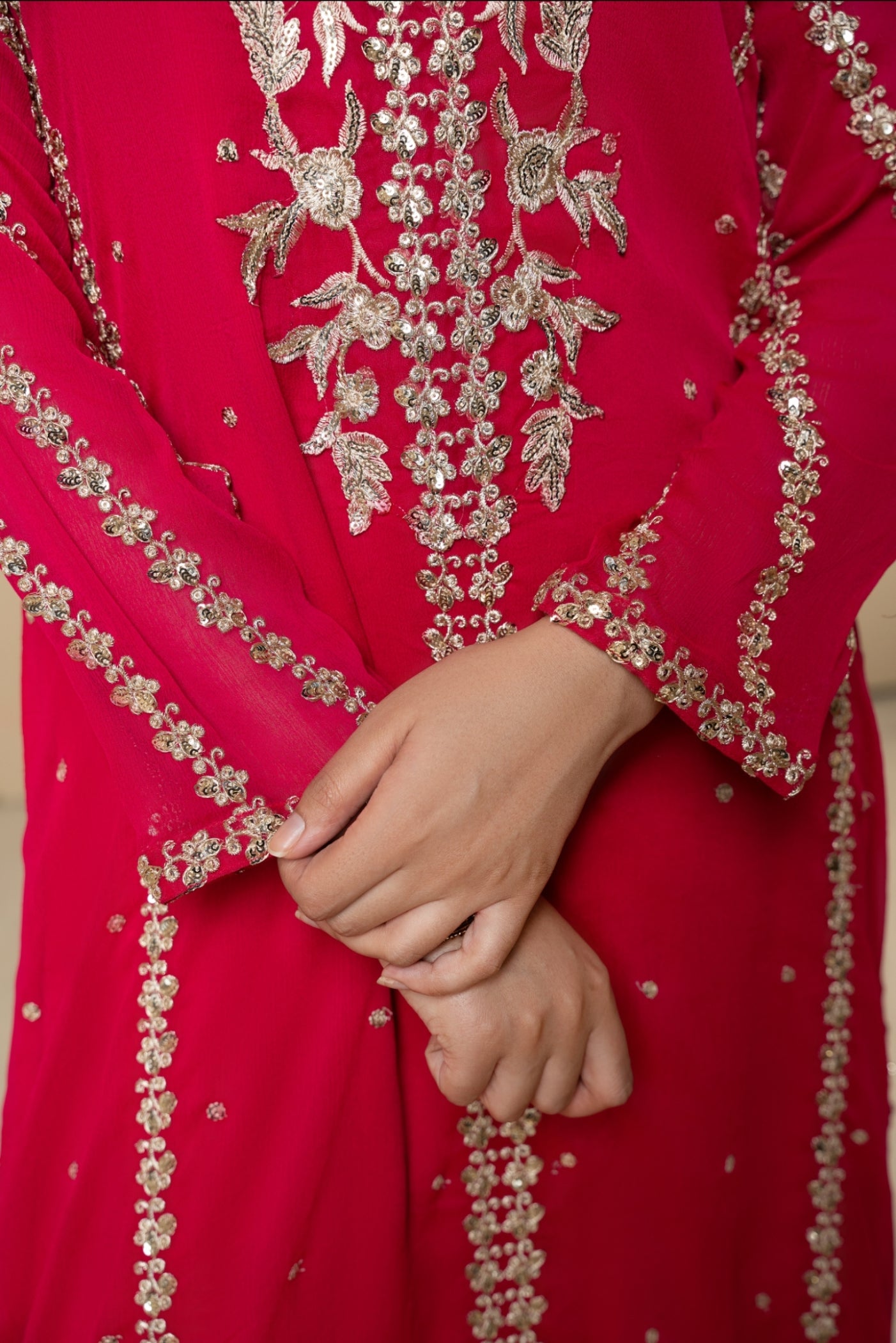 Pink Embroidered Chiffon Pishwas Dress (3-Piece) - Image 5