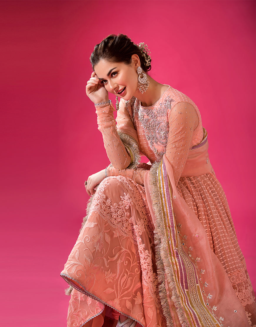 Pakistani Peach Embroidered Chiffon Pishwas Dress (3-Piece) - Image 2