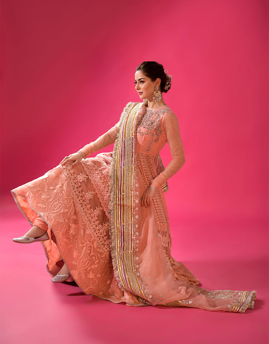 Pakistani Peach Embroidered Chiffon Pishwas Dress (3-Piece) - Image 3
