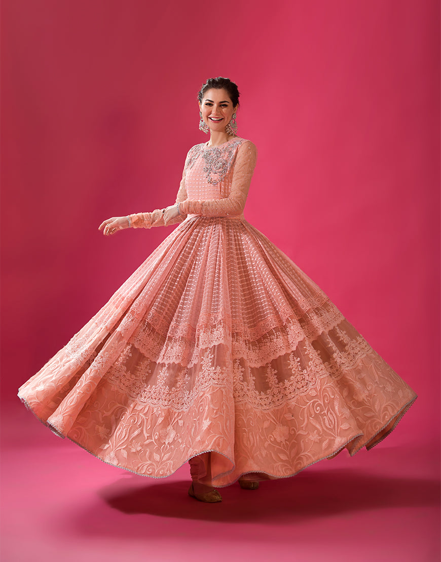 Peach Embroidered Chiffon Pishwas Dress (3-Piece) - Image 1