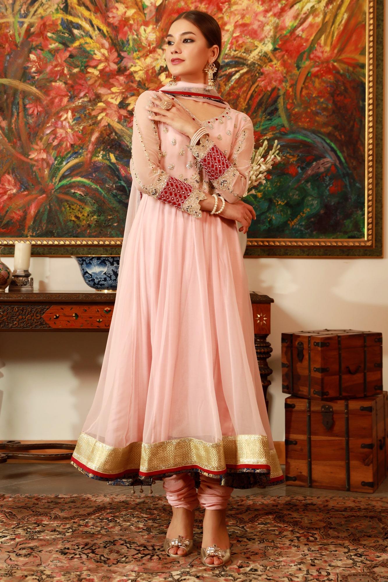 Blush Pink Silver Handworked Chiffon Pishwas (3-Piece) - Image 2