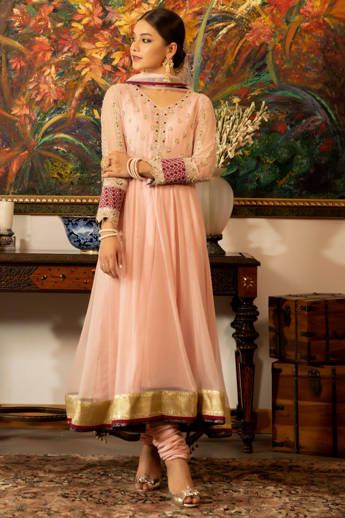 Blush Pink Silver Handworked Chiffon Pishwas (3-Piece) - Image 3