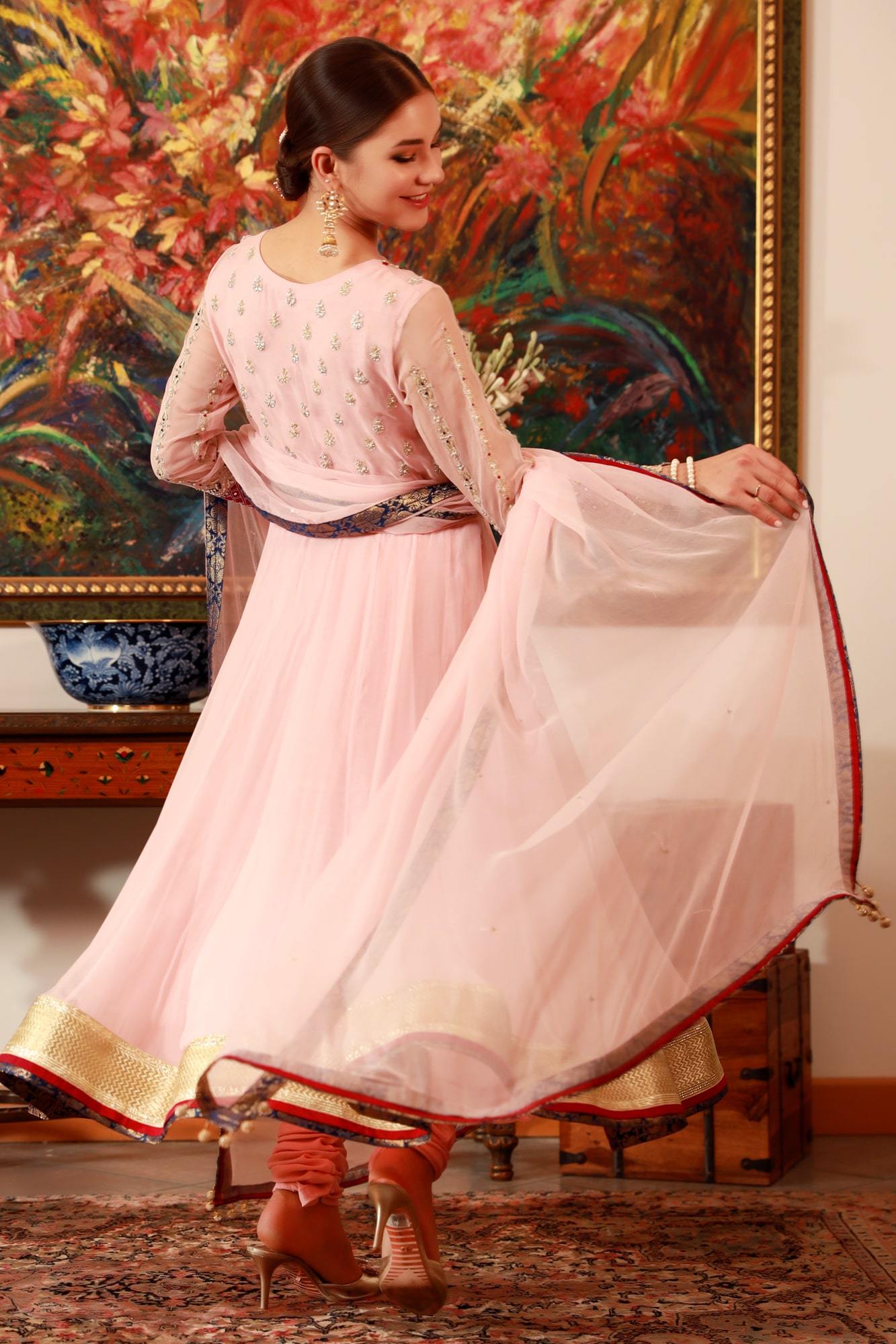 Blush Pink Silver Handworked Chiffon Pishwas (3-Piece) - Image 5