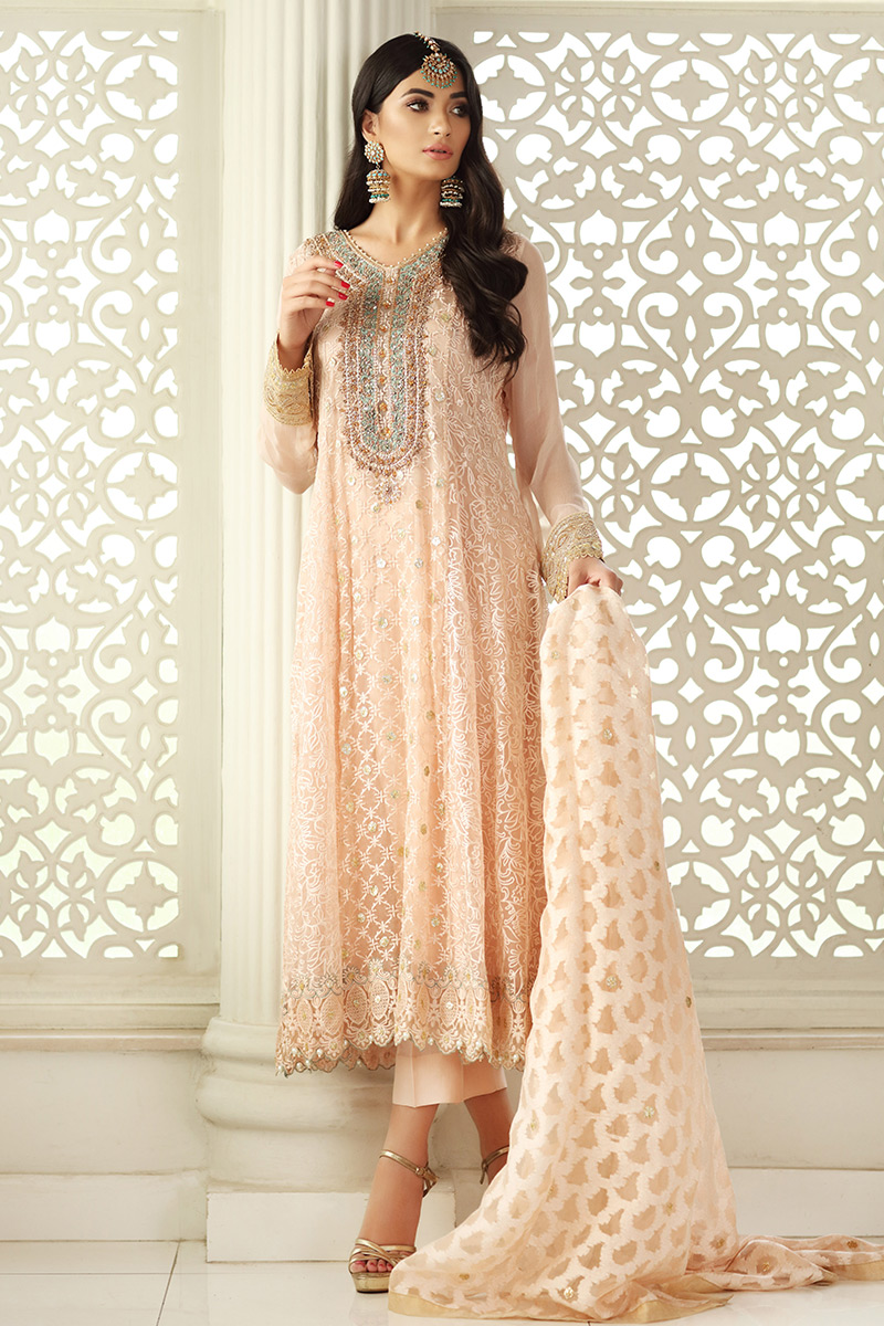 Pakistani Pale Blush Embroidered Chiffon Peshwas (2-Piece) - Image 1